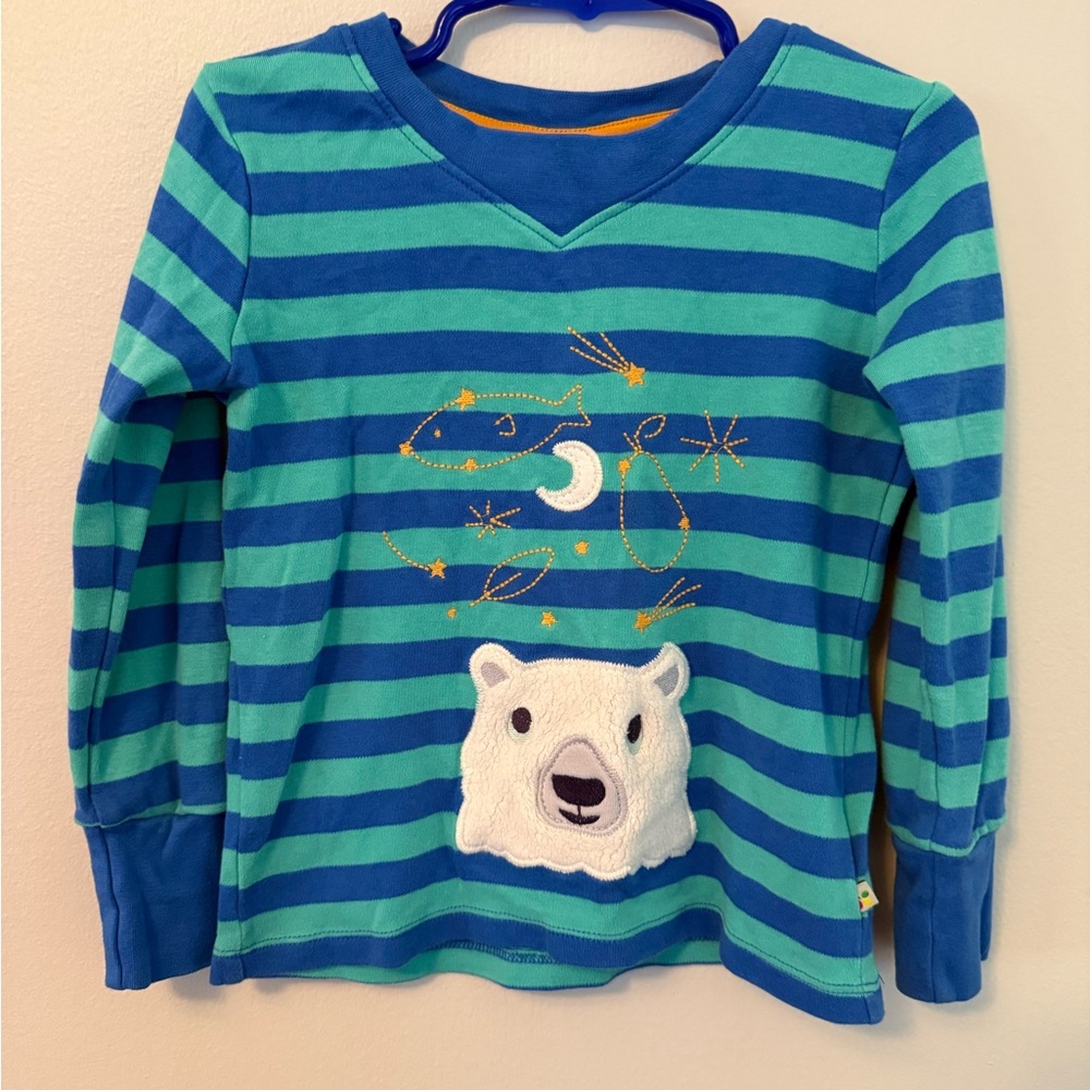 Frugi Blue and Green Striped Organic Cotton Polar Bear Shirt